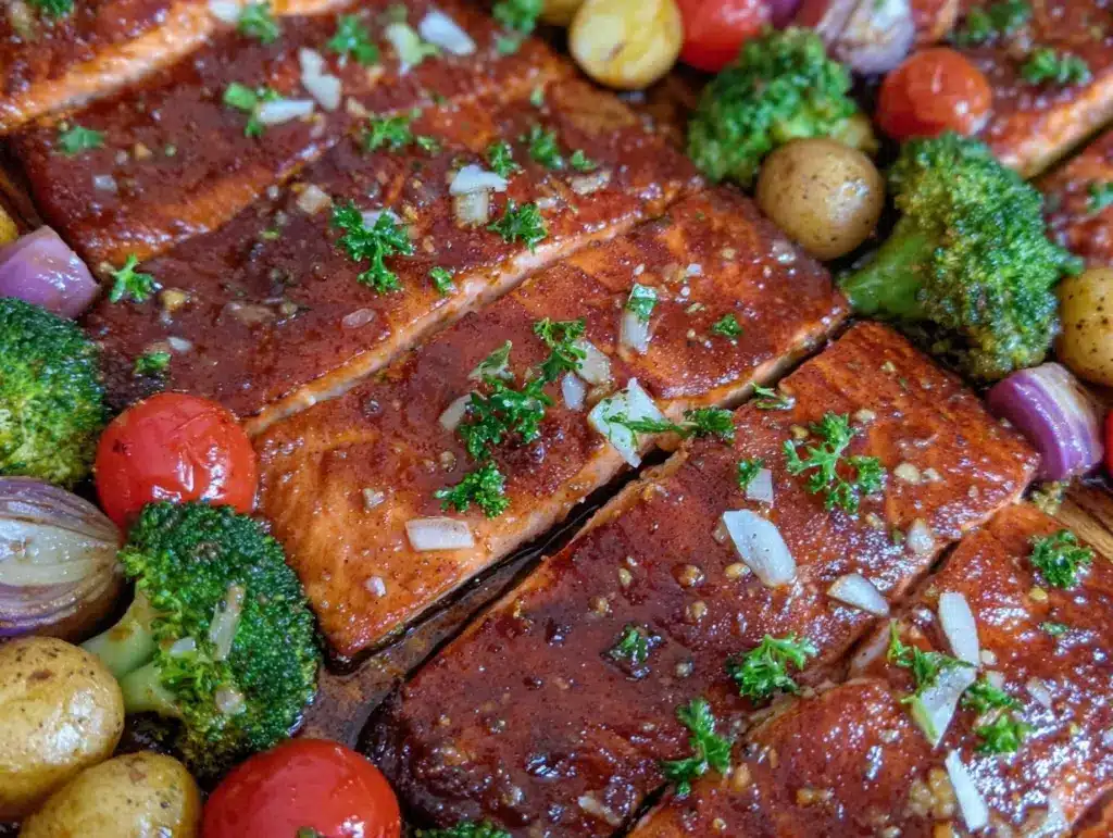 honey garlic salmon sheet pan dinner - featured image