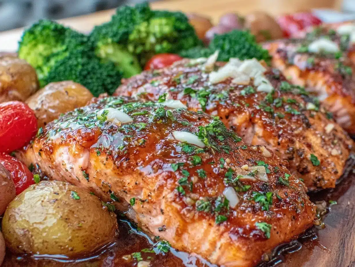 honey garlic salmon sheet pan dinner preparation steps