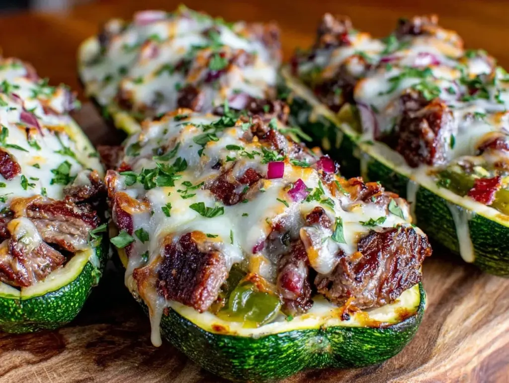 keto philly cheesesteak stuffed zucchini boats - featured image
