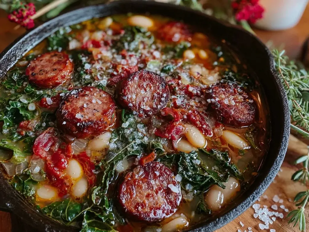 one-pot campfire white bean sausage and kale stew - featured image