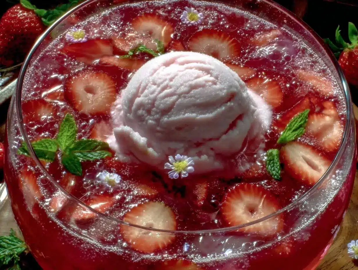 pink strawberry mimosa punch bowl preparation steps