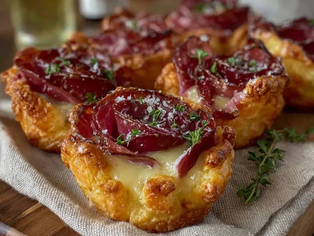prosciutto and brie puff pastry rose tarts - featured image