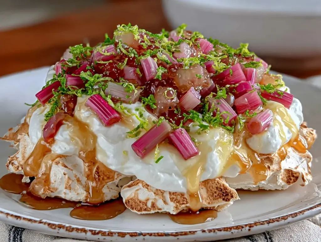rhubarb lemon curd pavlova - featured image