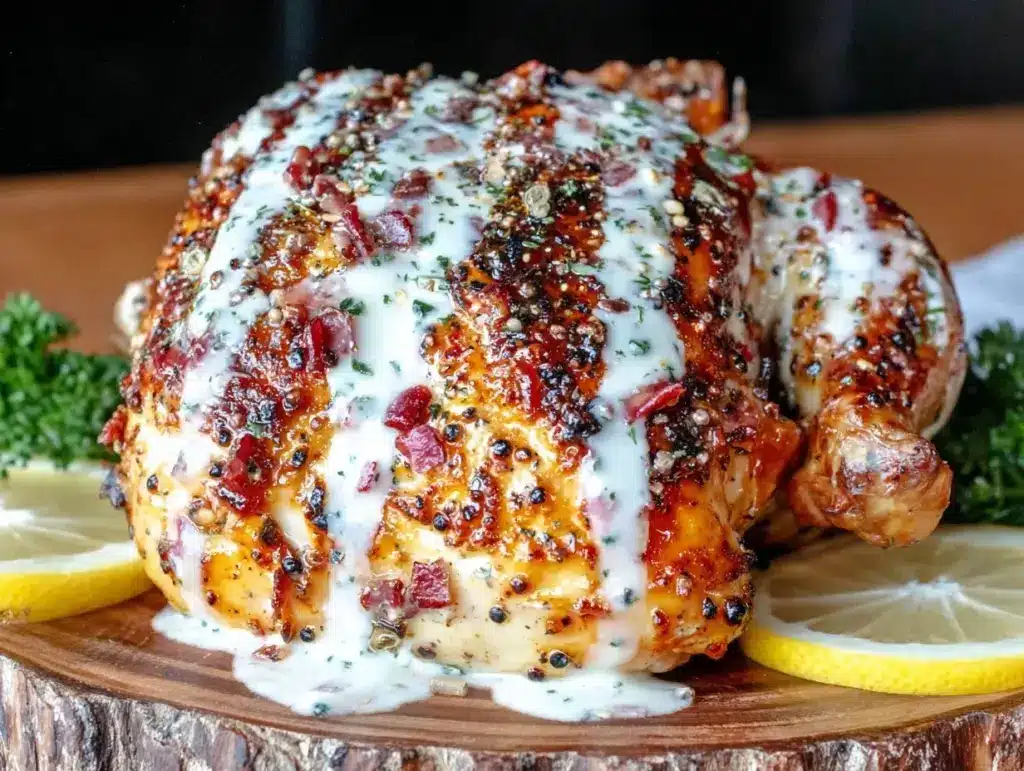 smoked whole chicken with Alabama white sauce - featured image