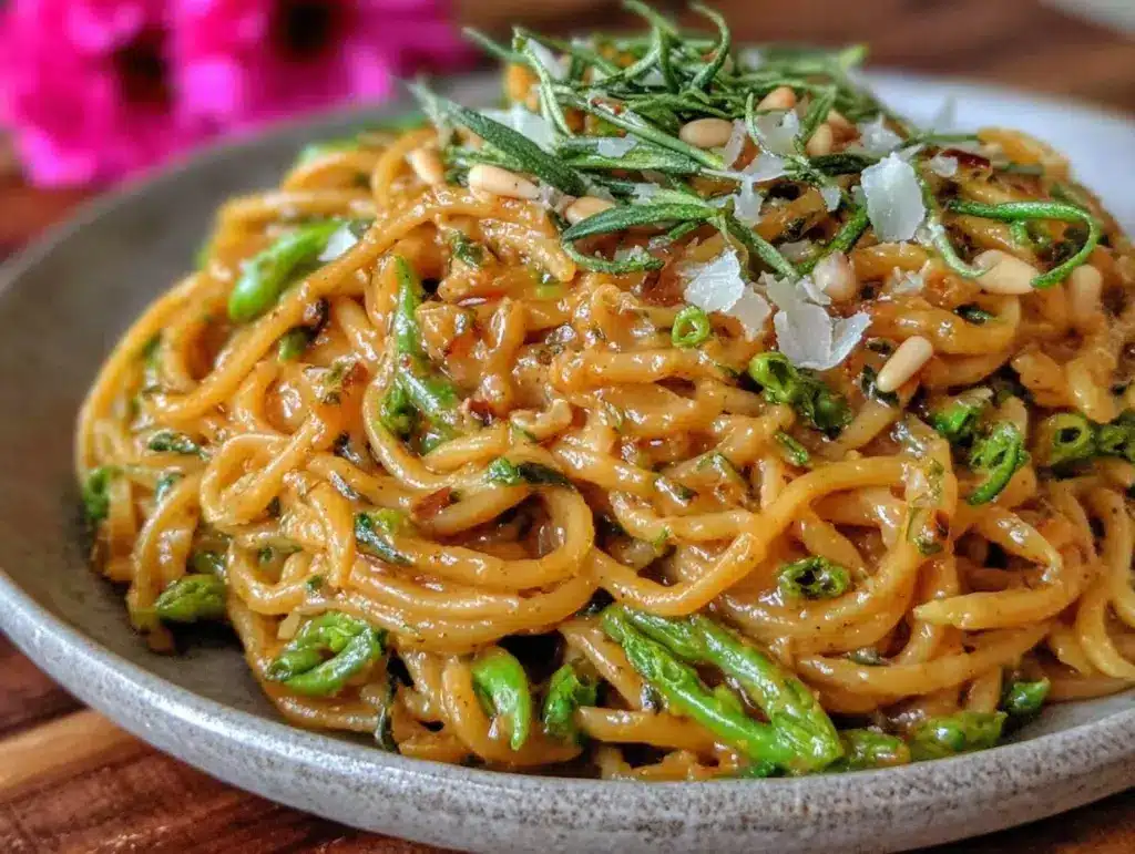creamy brown butter garlic scape pesto pasta - featured image