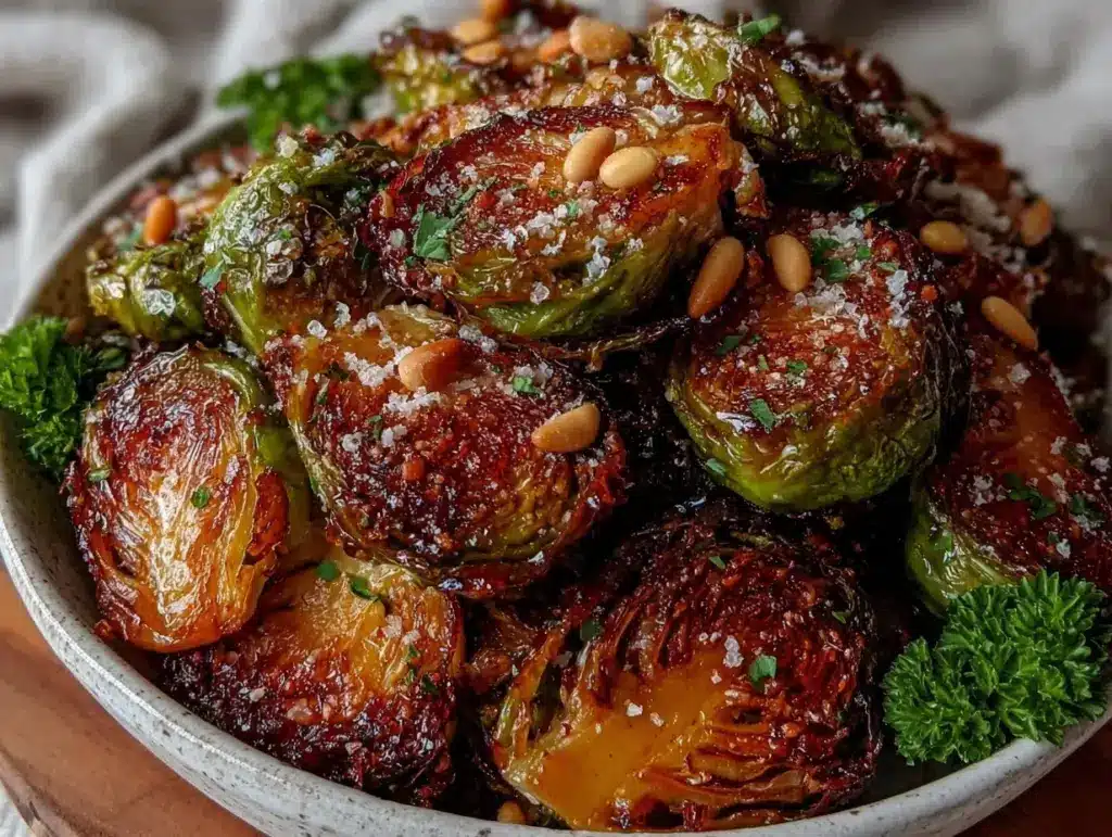 crispy garlic parmesan roasted brussels sprouts - featured image