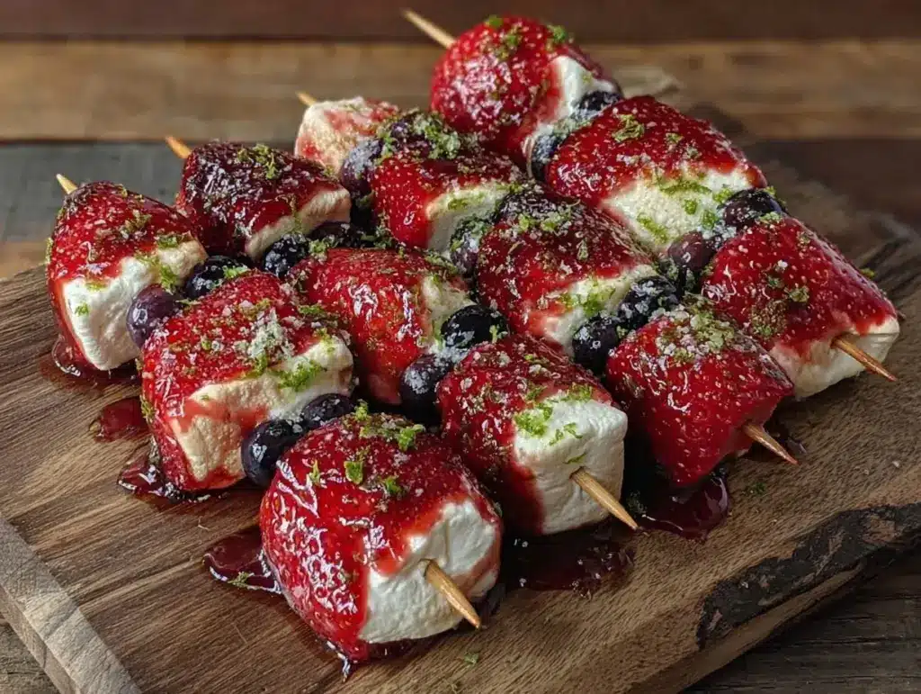 fresh red white and blue fruit kabobs - featured image