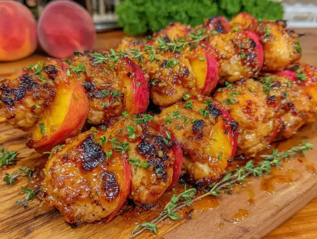 grilled bourbon peach chicken skewers - featured image