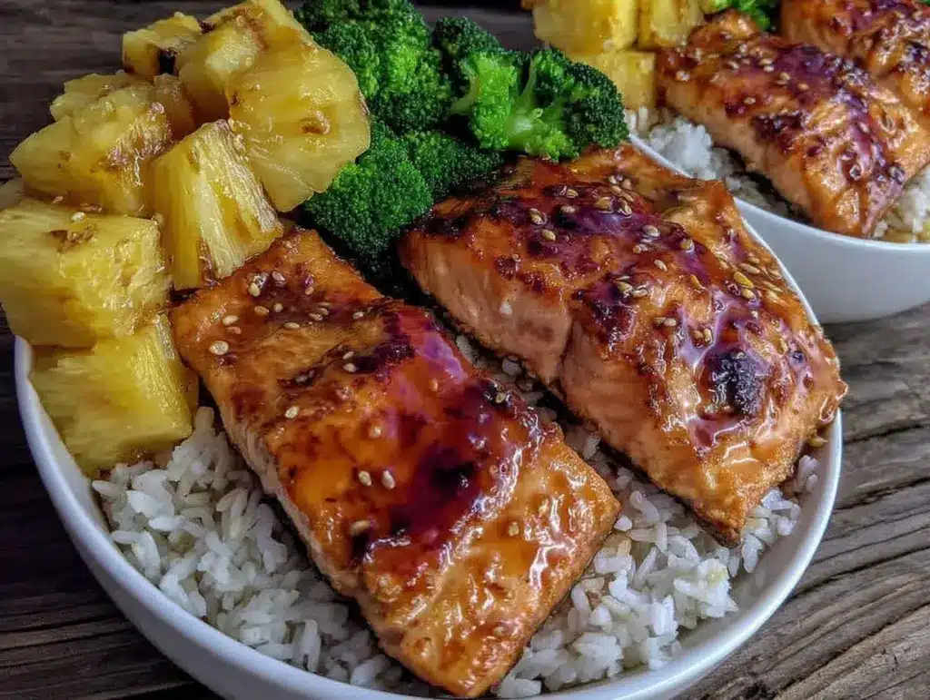 grilled pineapple teriyaki salmon bowls - featured image