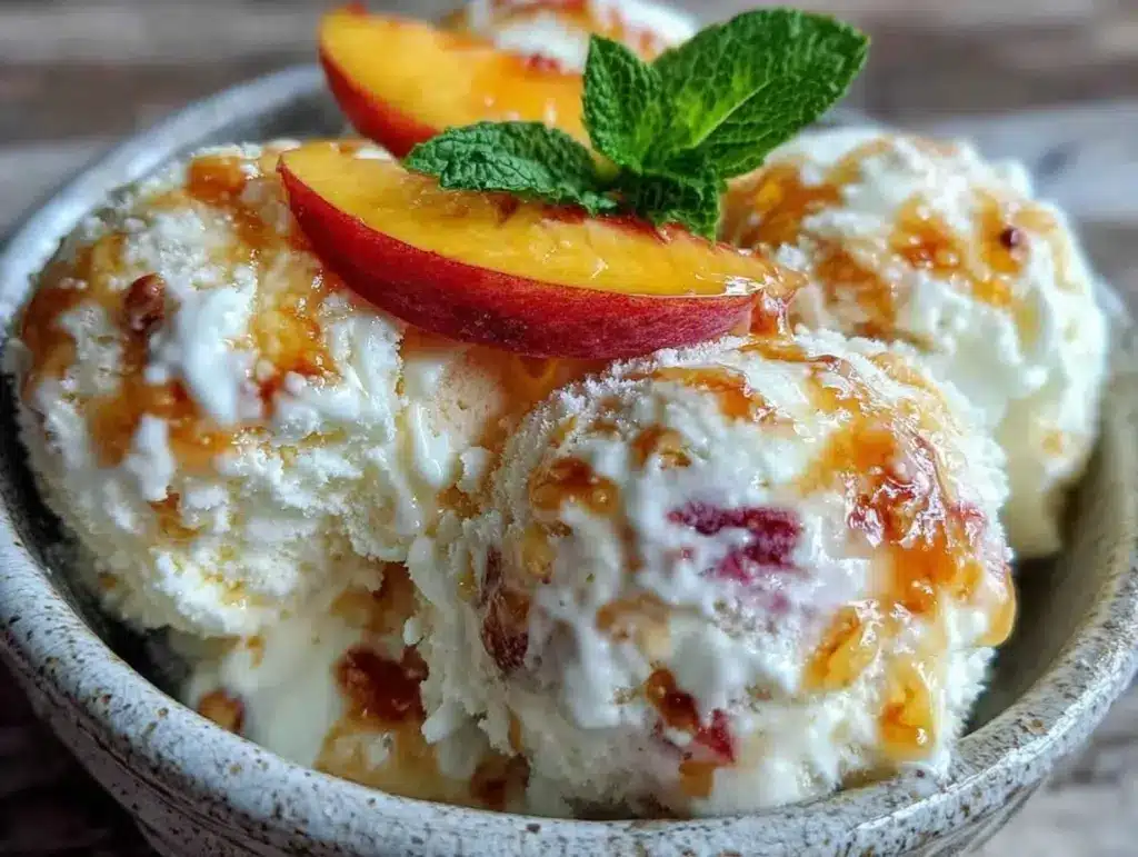 no-churn peach bourbon ice cream - featured image
