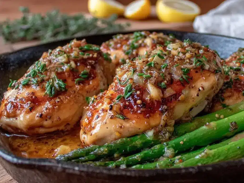 one-pan lemon butter chicken and asparagus - featured image