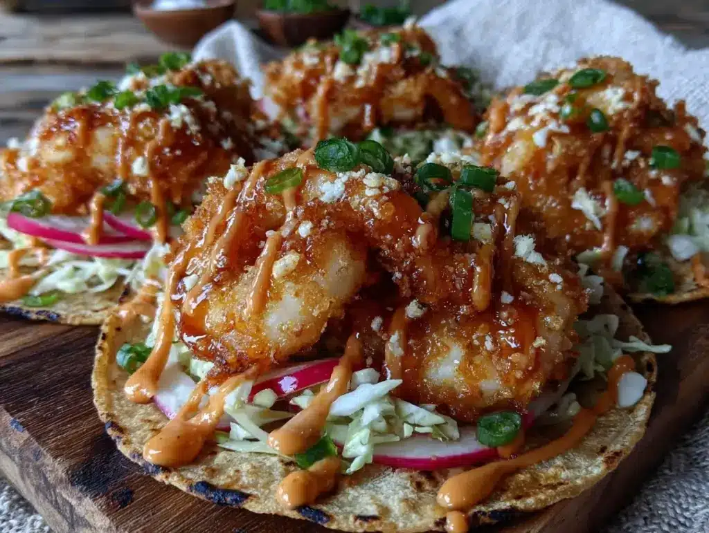 crispy bang bang shrimp tacos - featured image