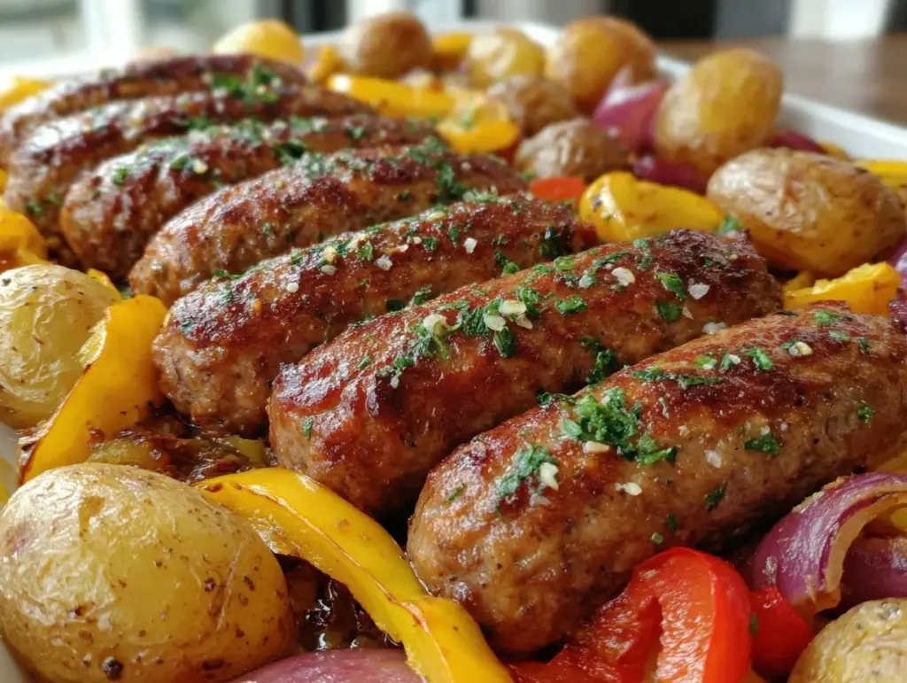 crispy sheet pan sausage and peppers - featured image