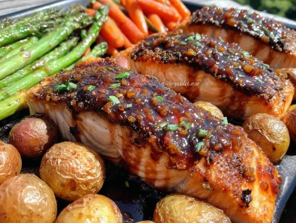 easy sheet pan honey garlic salmon - featured image