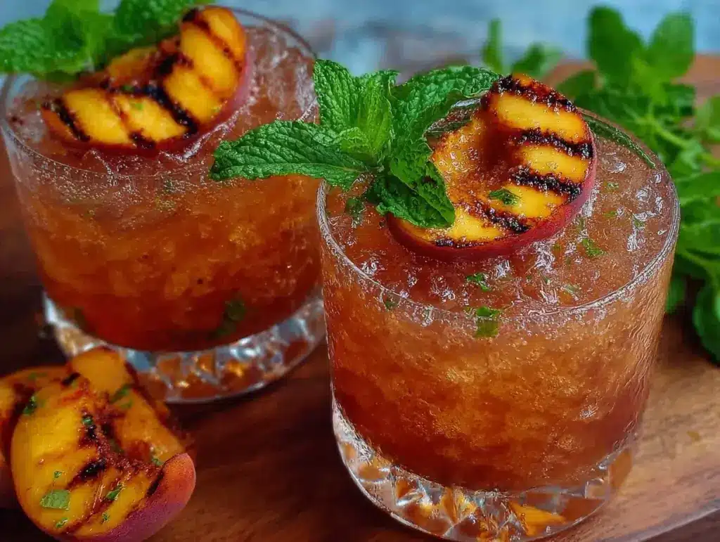 grilled peach bourbon smash cocktail - featured image