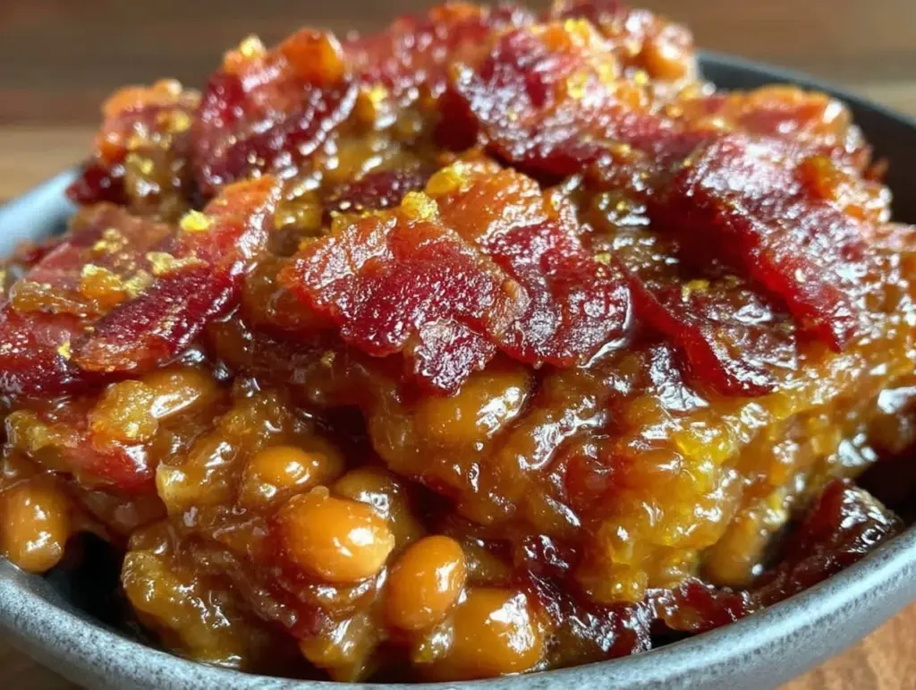 savory loaded baked beans with bacon and brown sugar - featured image