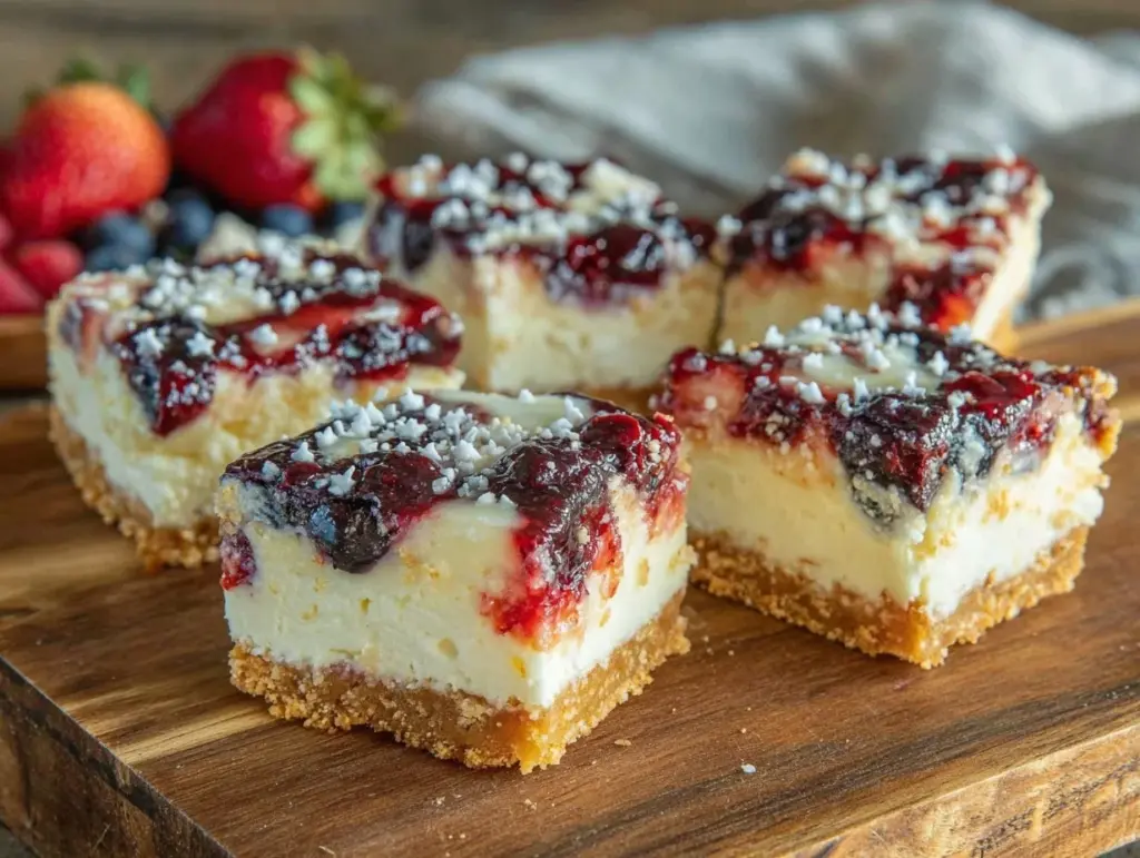 stars and stripes layered cheesecake bars - featured image