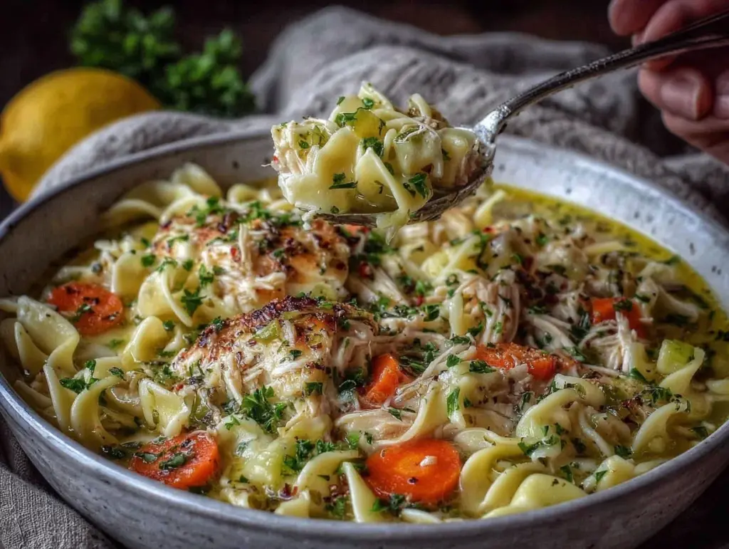creamy cozy slow cooker chicken noodle soup - featured image