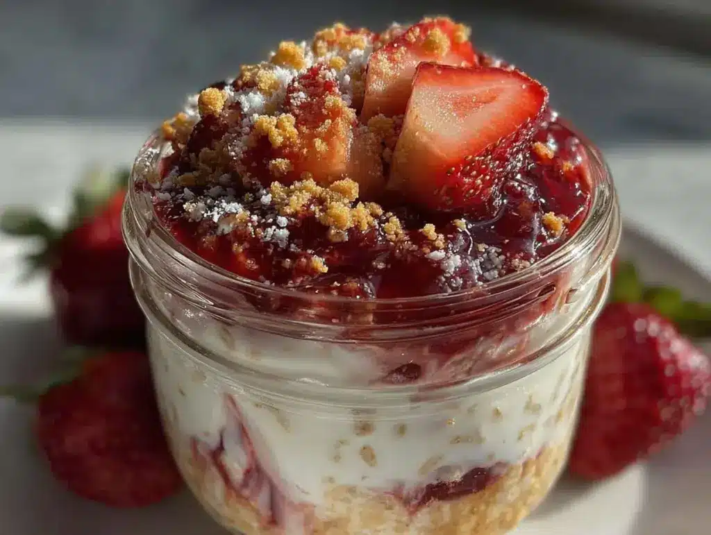 creamy overnight oats strawberry cheesecake jar recipe - featured image