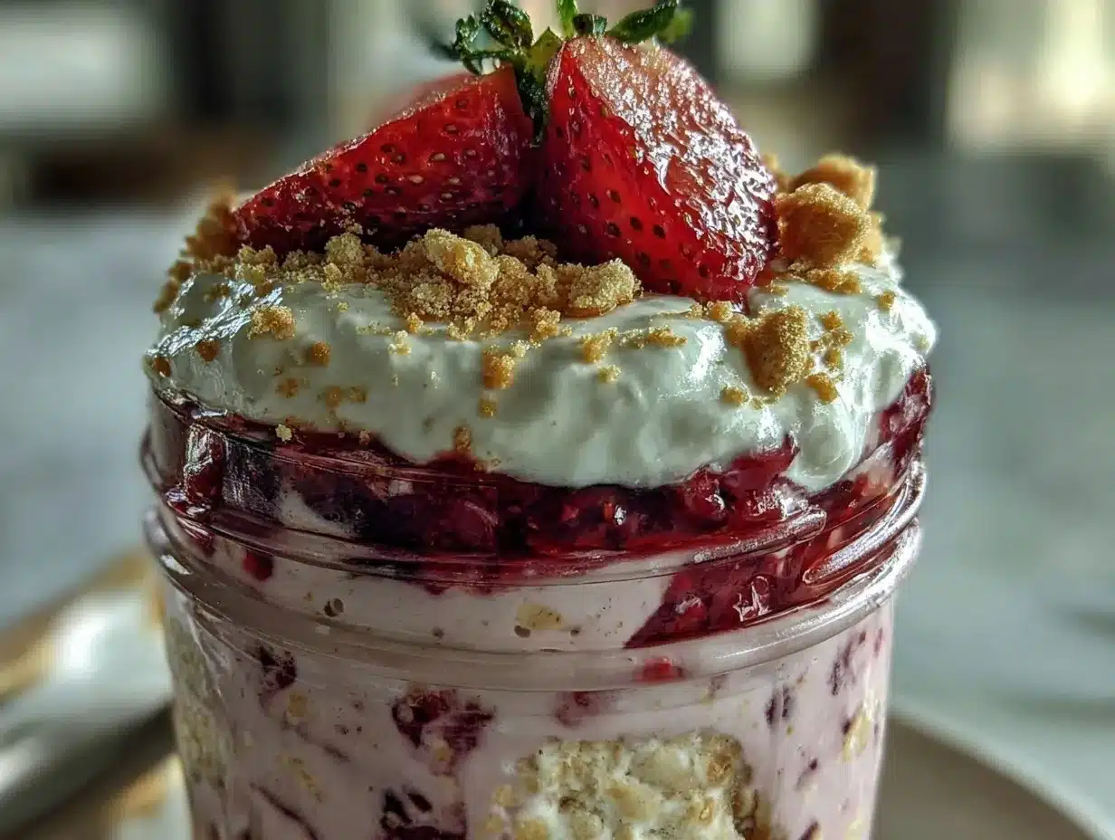 creamy overnight oats strawberry cheesecake jar recipe preparation steps