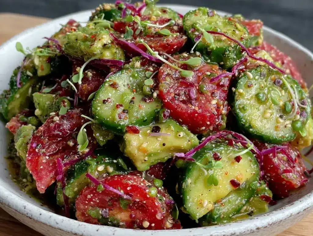 fresh cucumber tomato avocado salad - featured image