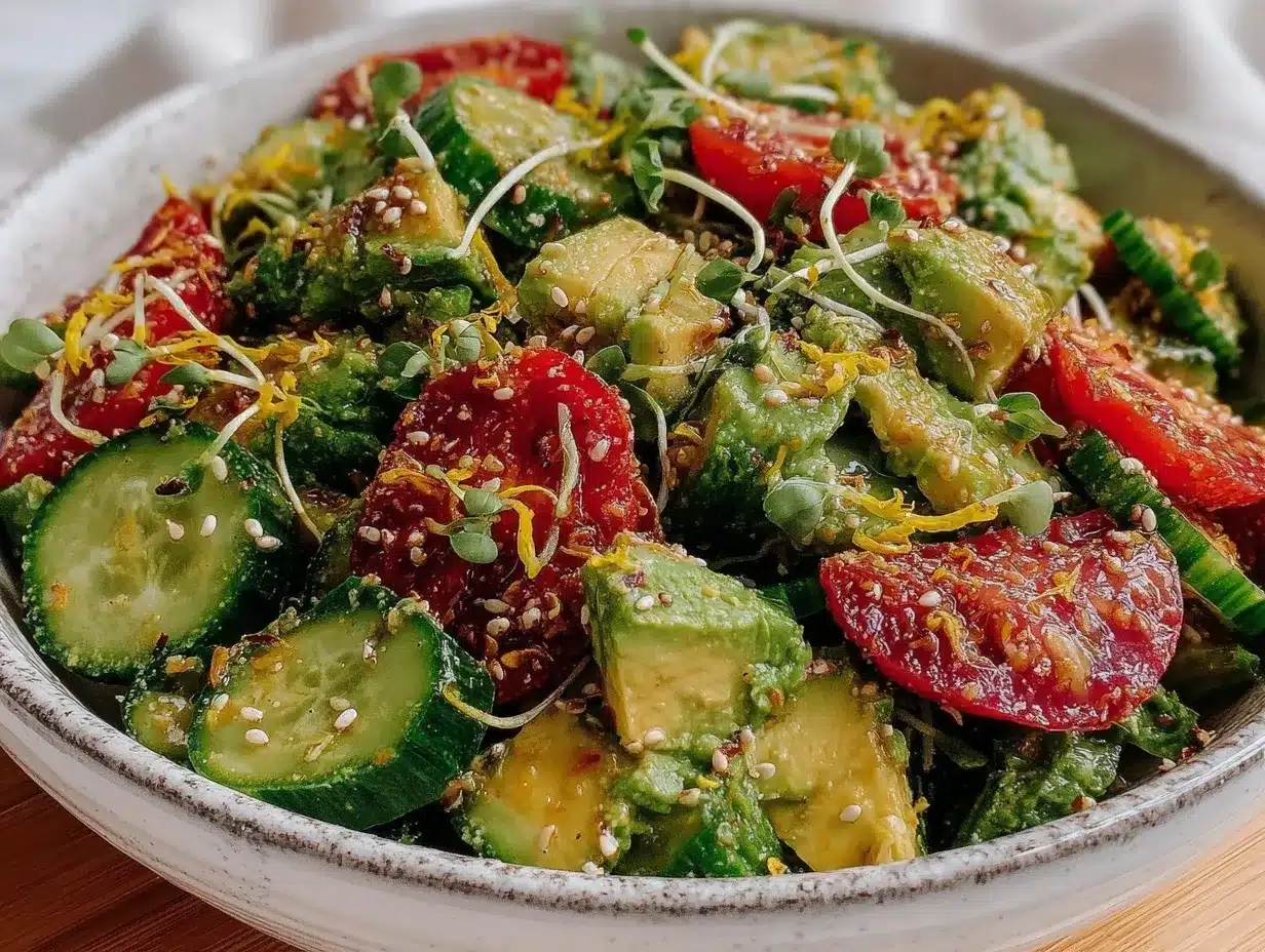 fresh cucumber tomato avocado salad preparation steps