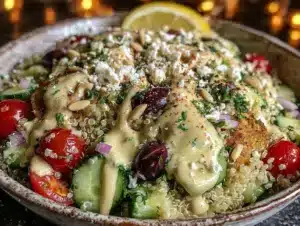 fresh greek quinoa bowl - featured image