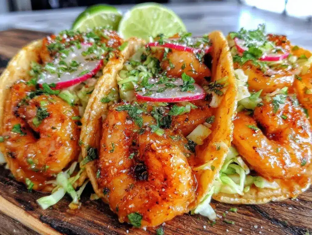 garlic butter shrimp tacos - featured image