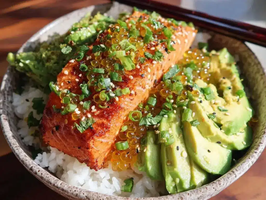 high-protein salmon and avocado rice bowl - featured image