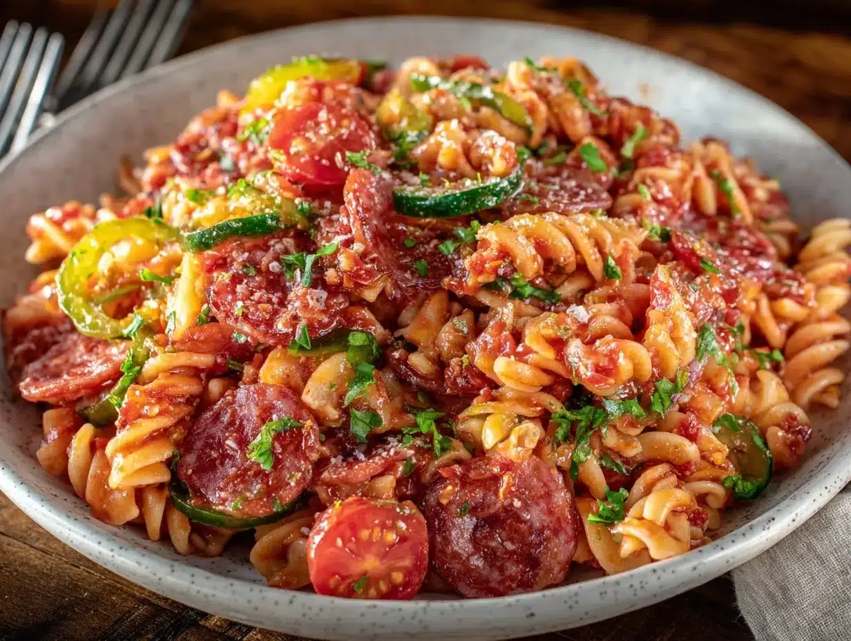 Italian pasta salad with pepperoni and banana peppers preparation steps