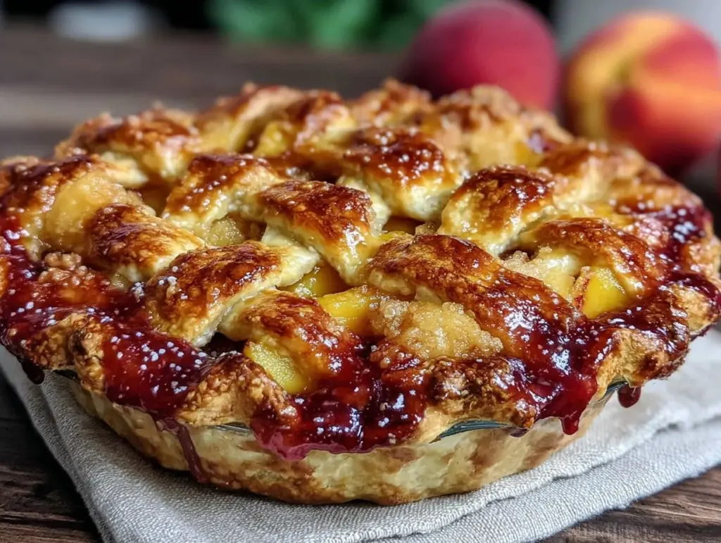 lattice-top fresh peach pie with almond crumble - featured image