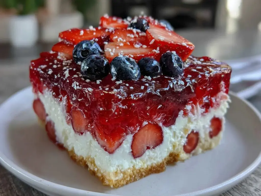 red white and blue layered jello poke cake - featured image