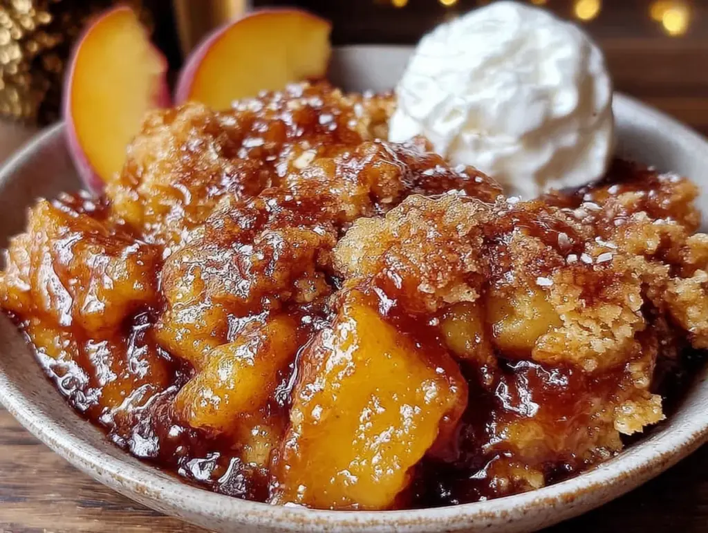 brown sugar bourbon peach cobbler - featured image
