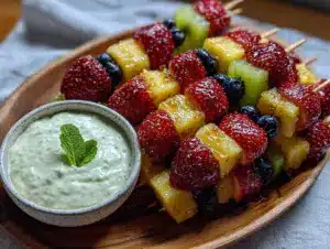 rainbow fruit kabobs with yogurt dip - featured image